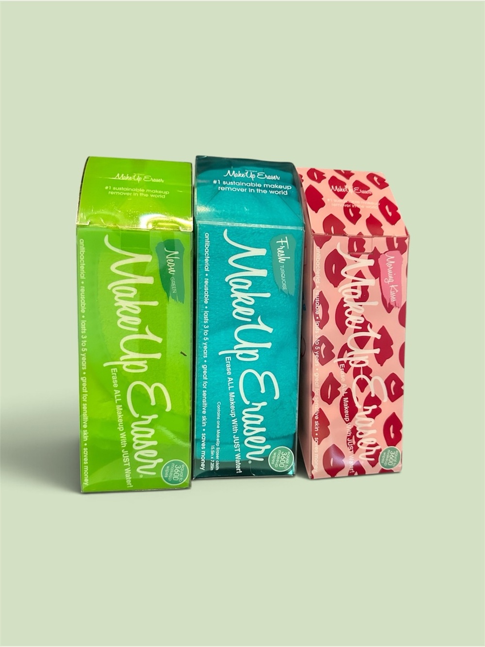 (3)MakeUp Eraser Reusable Makeup Remover Cloths - Green, Teal, Pink Lip Print NI